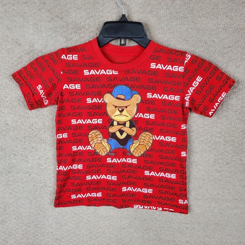 Fresh Laundry Shirt Youth Boys 5/6 Red Savage Bear Short Sleeve Polyester‎ Blend